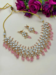Designer Party Wear Polki Kundan Jewellery Necklace Set with baby pink beads drops