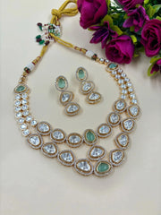 Renee Rose Gold Finish Modern Look Double Strand Mint Green Kundan Polki Necklace Set for Indian And western Wear