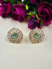 Designer Light Weight Ad And Polki Mint Green Kundan Stud Earrings for women online