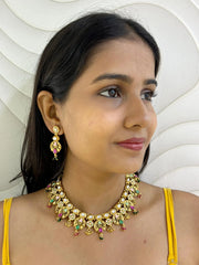 Designer Artificial Short Antique Gold Necklace Set With Meenakaari