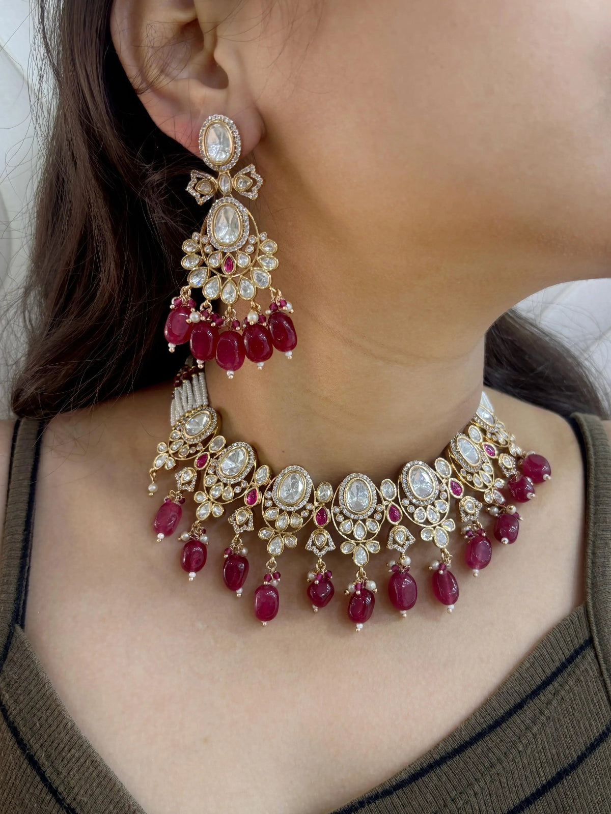 Designer Rose Gold Polish Red Kundan Polki Choker Necklace For Weddings And Parties