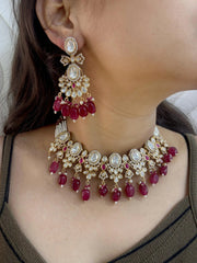Designer Rose Gold Polish Red Kundan Polki Choker Necklace For Weddings And Parties