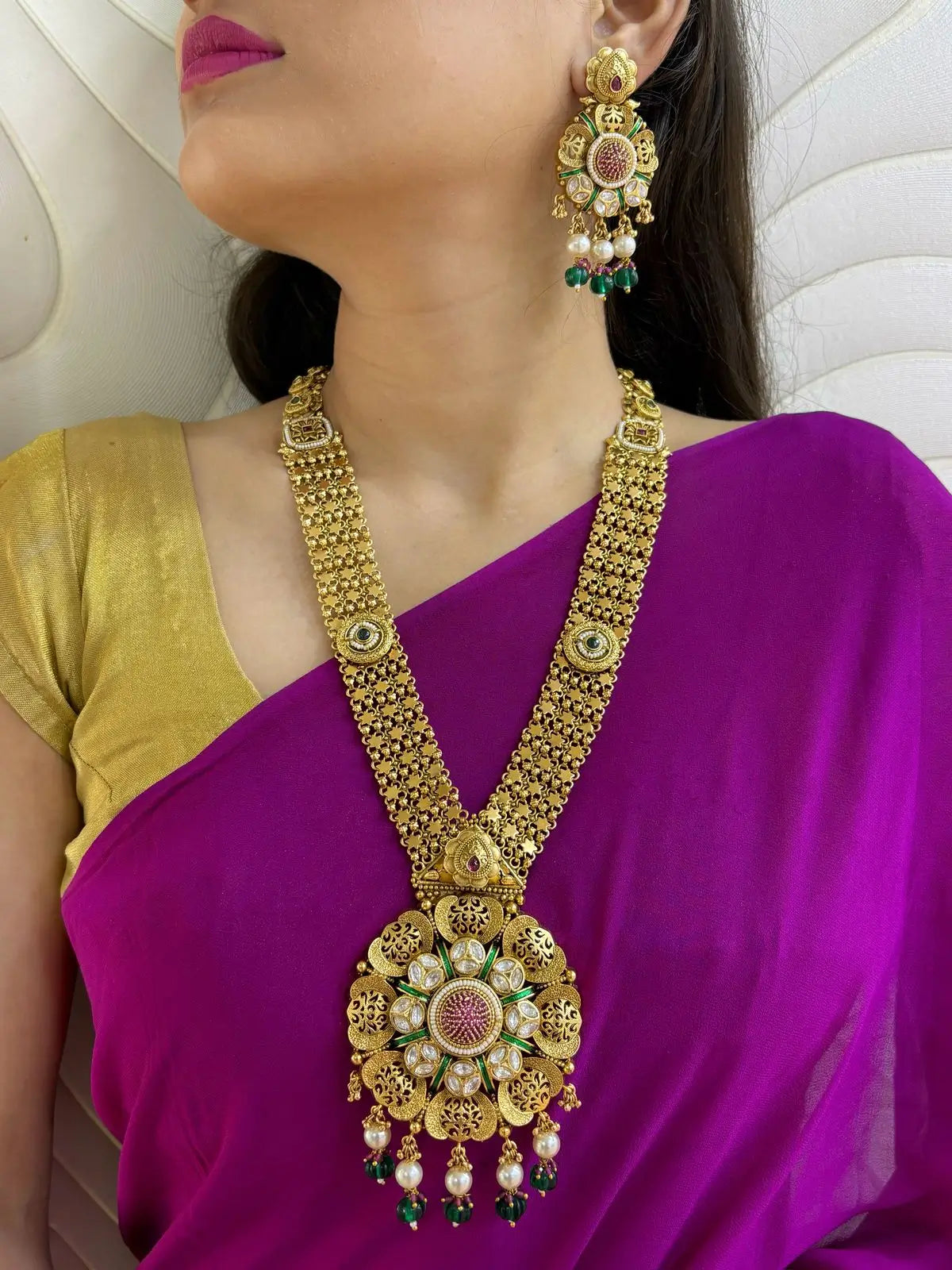 Long Antique Gold Jewellery Necklace Set For Weddings By Gehna Shop