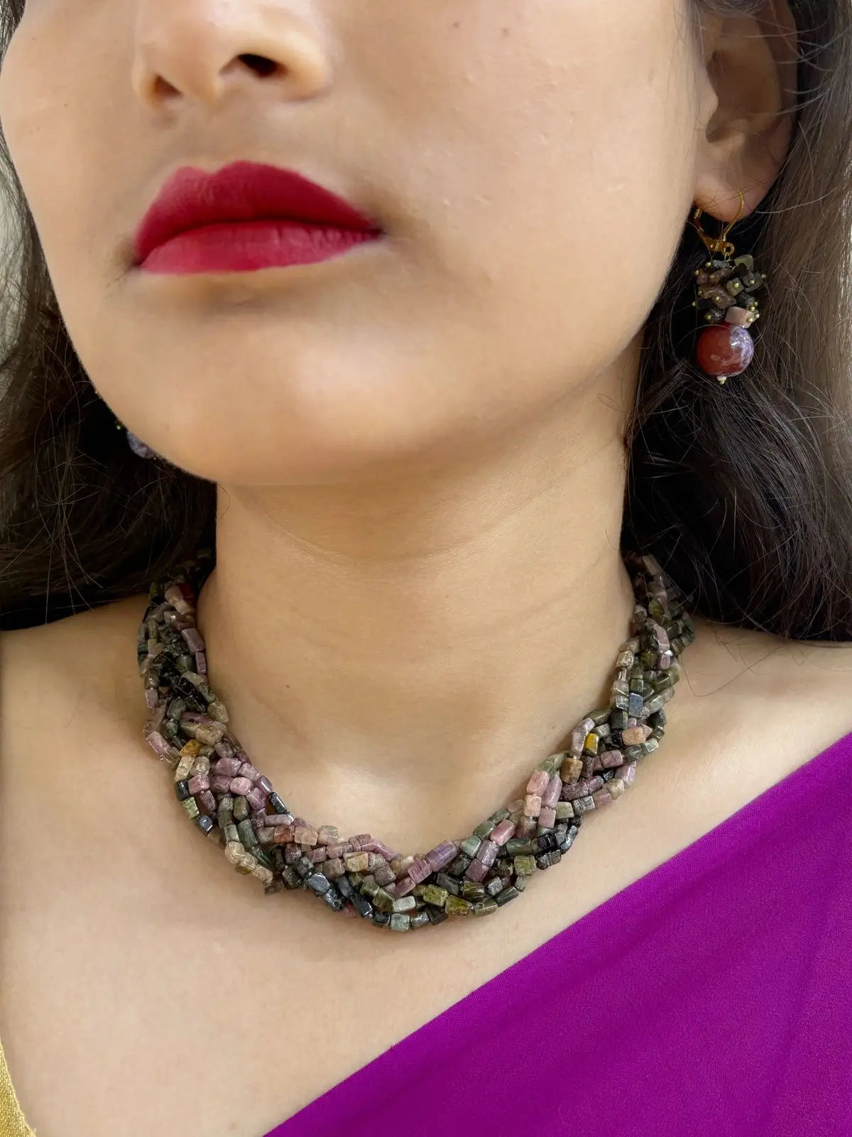 Semi Precious Gemstone Tourmaline Braided Beaded Necklace Set - Contemporary & Modern Beaded Necklace