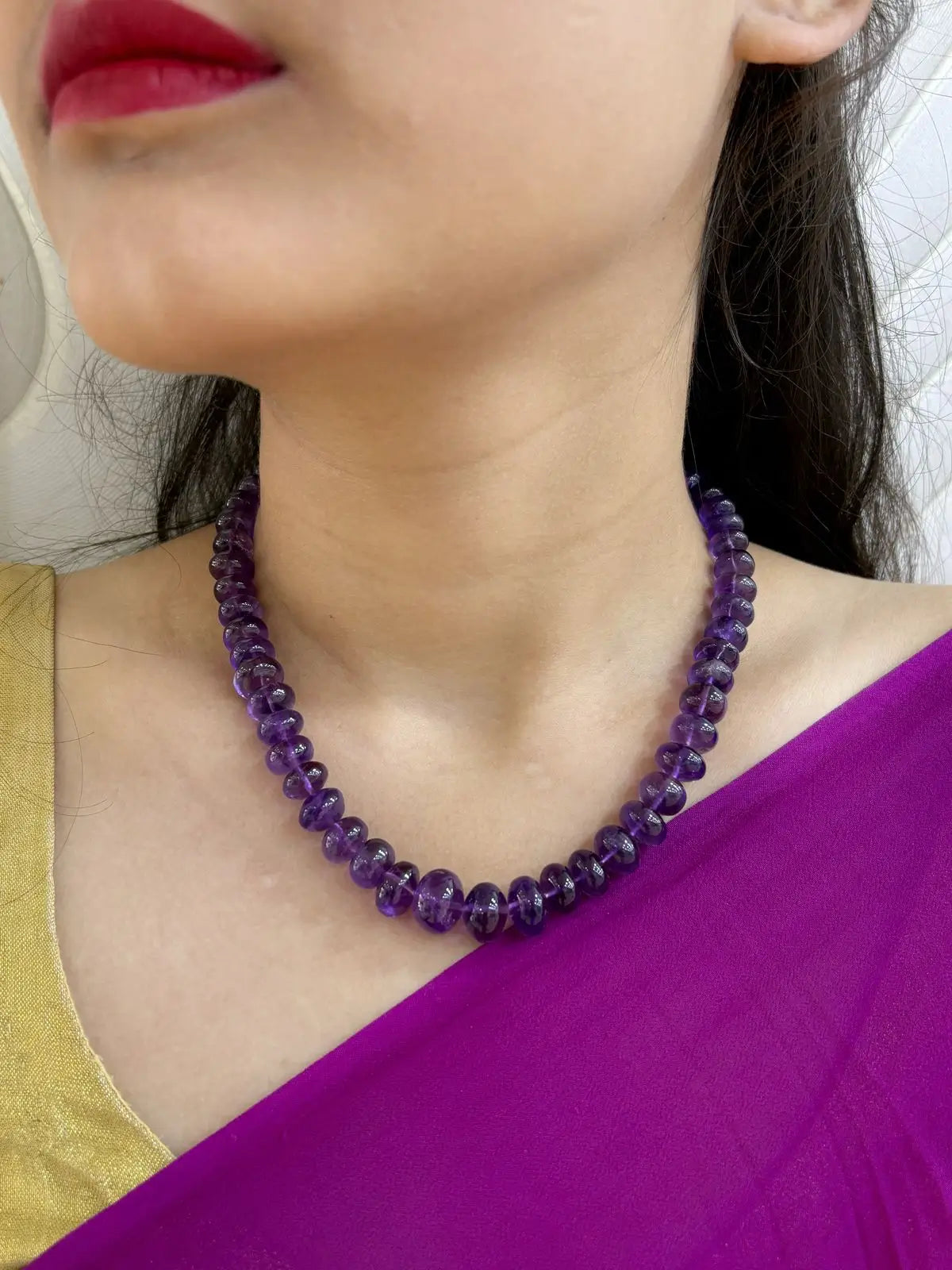 Semi Precious Rondelle Shape Natural Gemstone Amethyst Beaded Necklace For Women