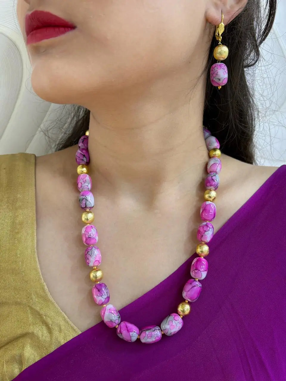 Semi Precious Brown Chalcedony Stone Beaded Necklace Set - Indo Western Bead Necklace Set