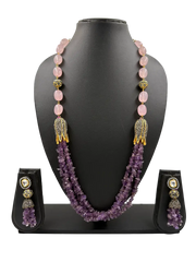 Designer Handcrafted Uncut Amethyst And Rose Quartz Beads Jewellery Set