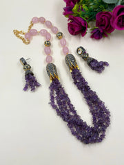 Designer Handcrafted Uncut Amethyst And Rose Quartz Beads Jewellery Set