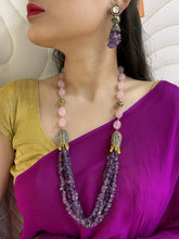 Designer Handcrafted Uncut Amethyst And Rose Quartz Beads Jewellery Set