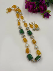 Designer Handcrafted Semi Precious Yellow Jade Beads Necklace Set - Yellow Beaded Jewelry