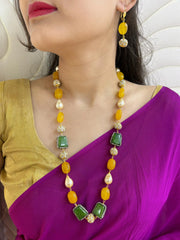 Designer Handcrafted Semi Precious Yellow Jade Beads Necklace Set - Yellow Beaded Jewelry