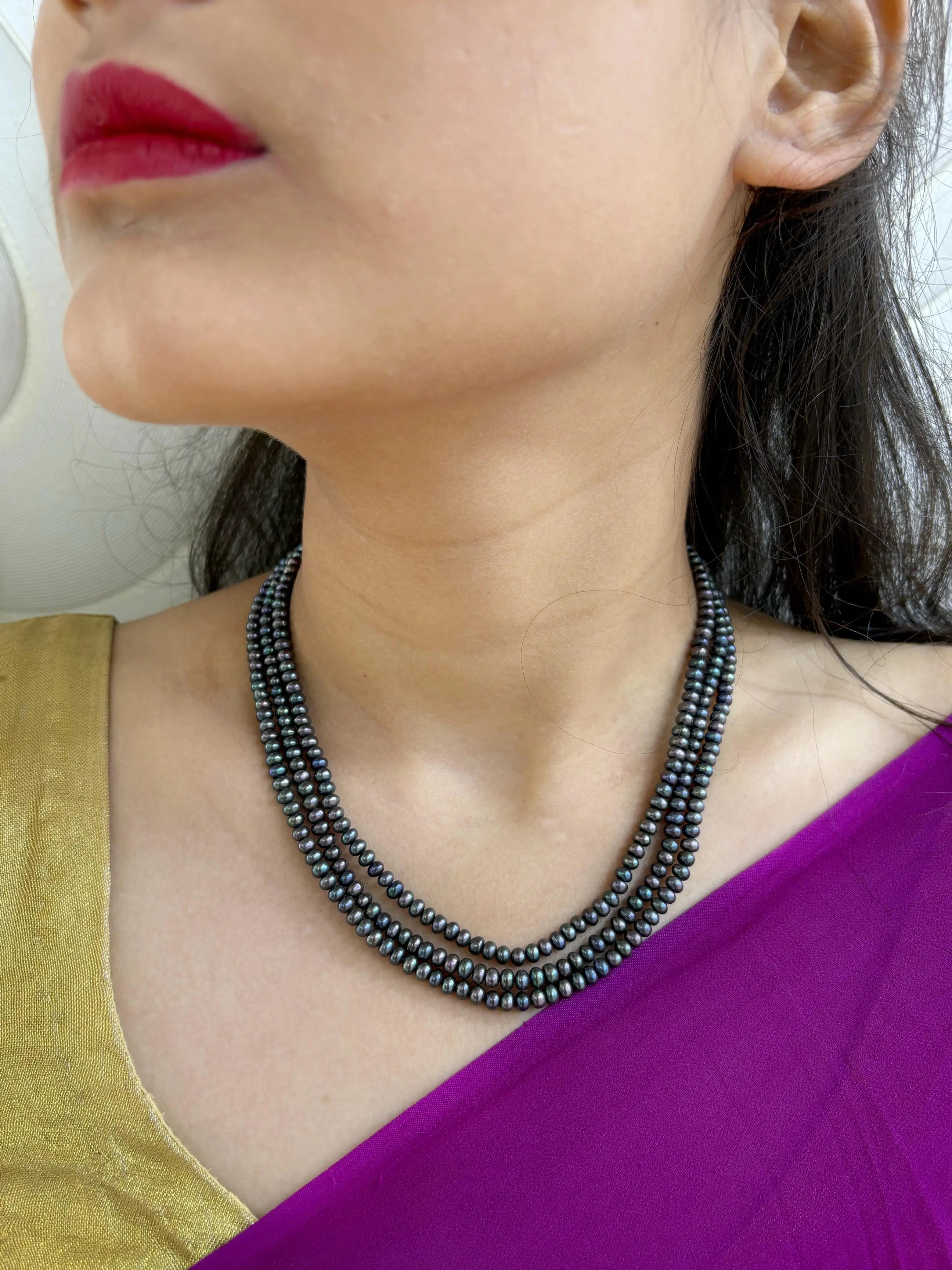 Triple Layered Fresh Water Original Grey Pearl Beads Necklace For Women