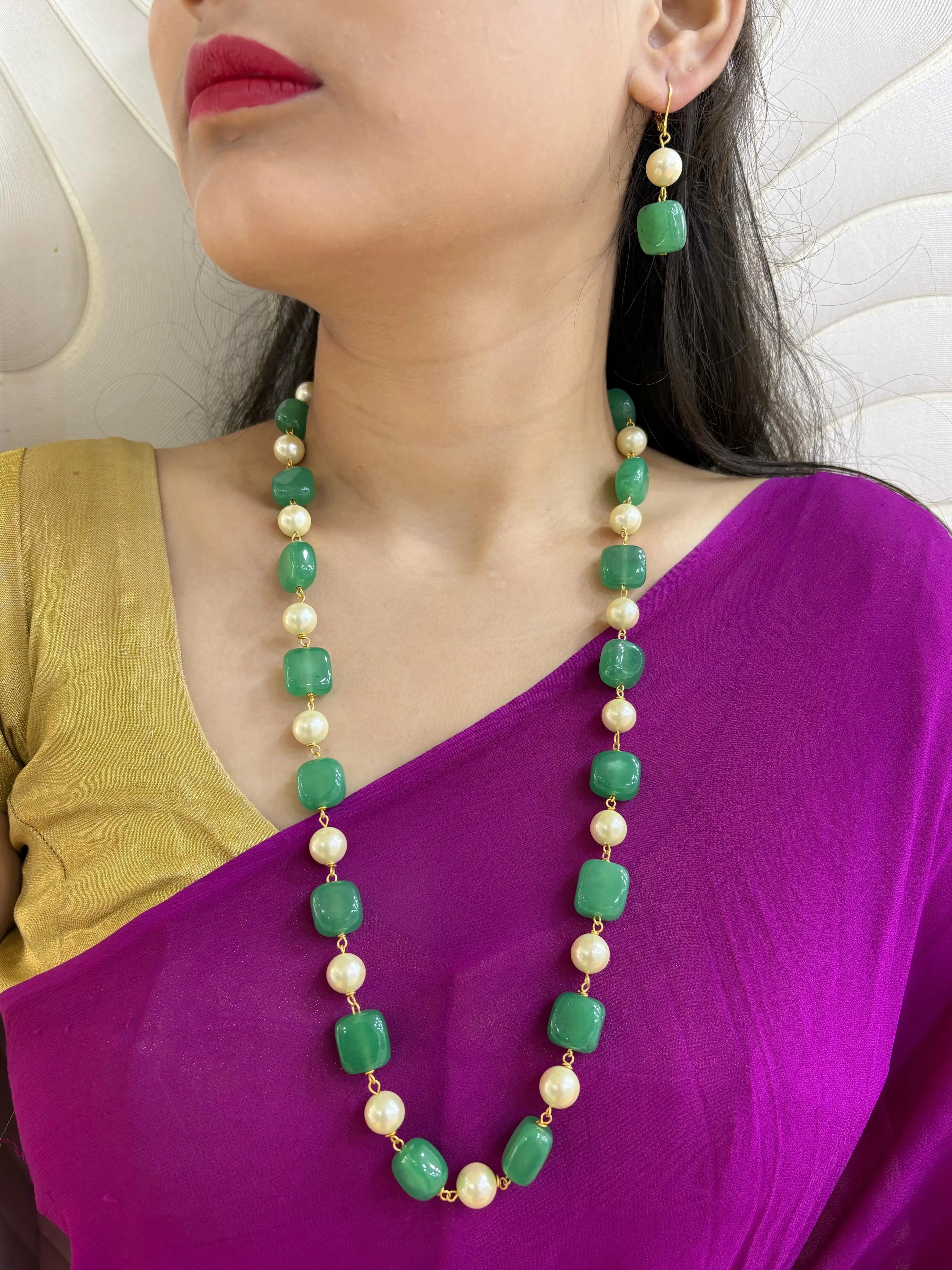 Elegant Semi Precious Mint Green Jade Beads And Shell Pearls Long Beaded Necklace - Gemstones Beads Jewelry