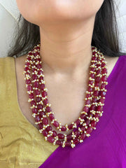 Semi Precious Layered Gemstone And Pearls Beads Necklace - Festive And Party Wear Beads Necklace