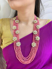Designer Multilayered Semi Precious Peach Pink Color Jade Beaded Necklace Set With Kundan Brooches