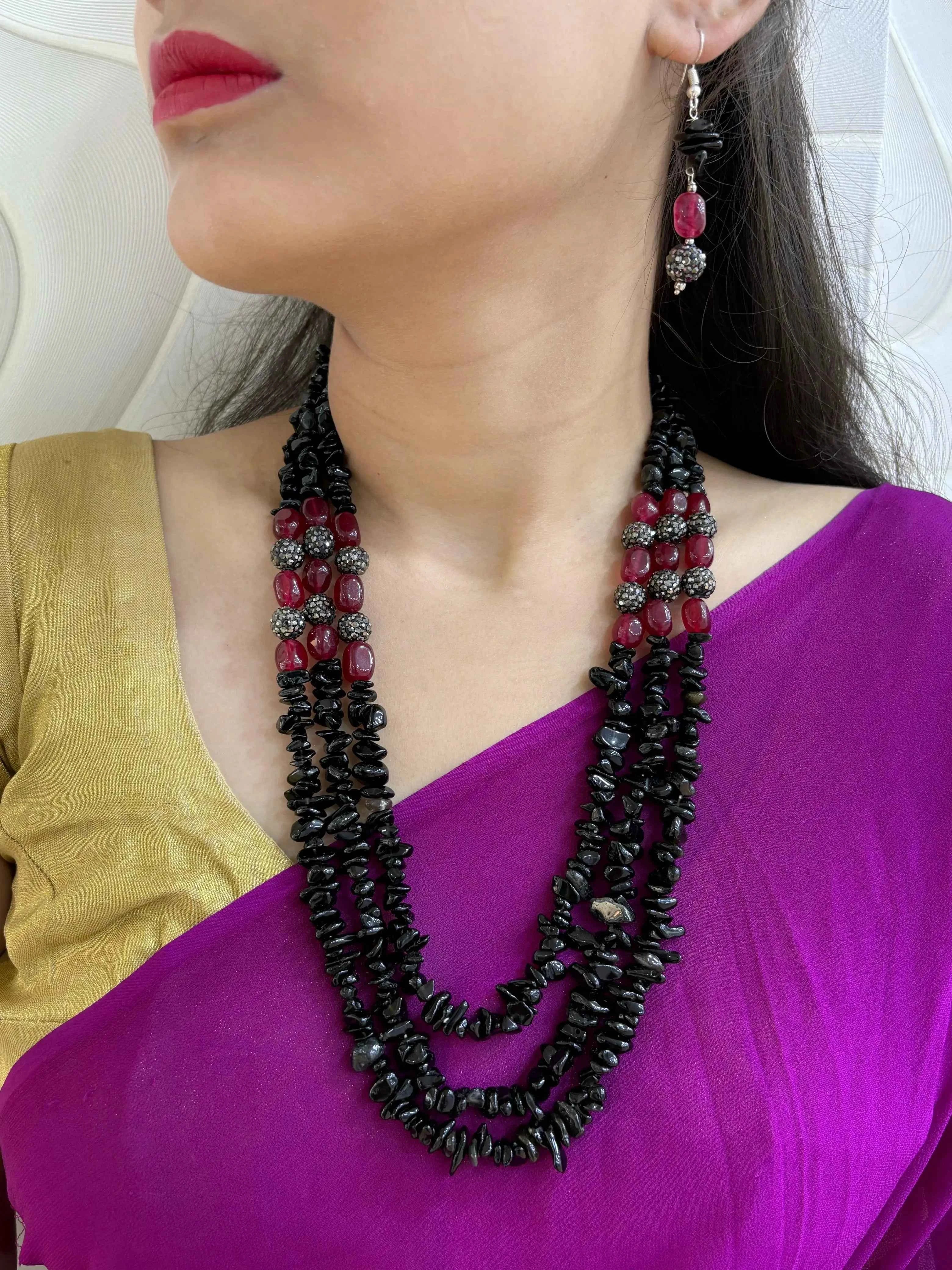 Elegant Semi Precious Layered Black Onyx Beaded Necklace Set - Fancy Black Beads Necklace
