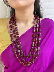 Long Semi Precious Triple Layered Ruby Red Jade Beaded Necklace For Mens Sherwani And Women