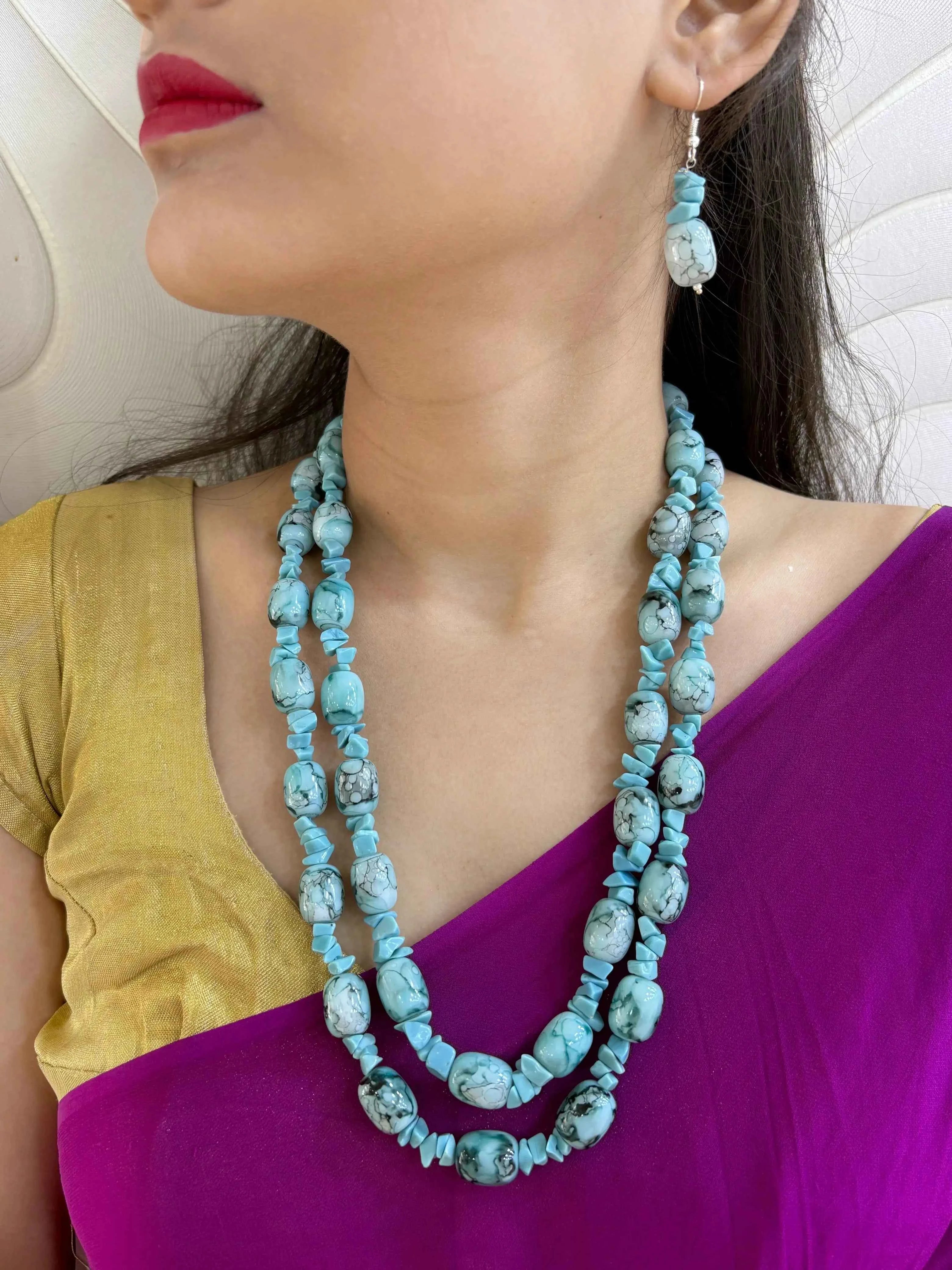 Designer Semi Precious Aqua Blue Chalcedony Beads Necklace - Gemstone Beaded Jewelry