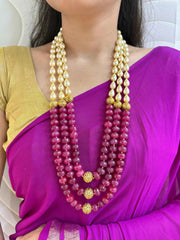 Unisex Semi Precious Long Ruby Pink Quartz And Shell Pearl Beaded Necklace - Beaded Necklace For Sarees And Sherwani