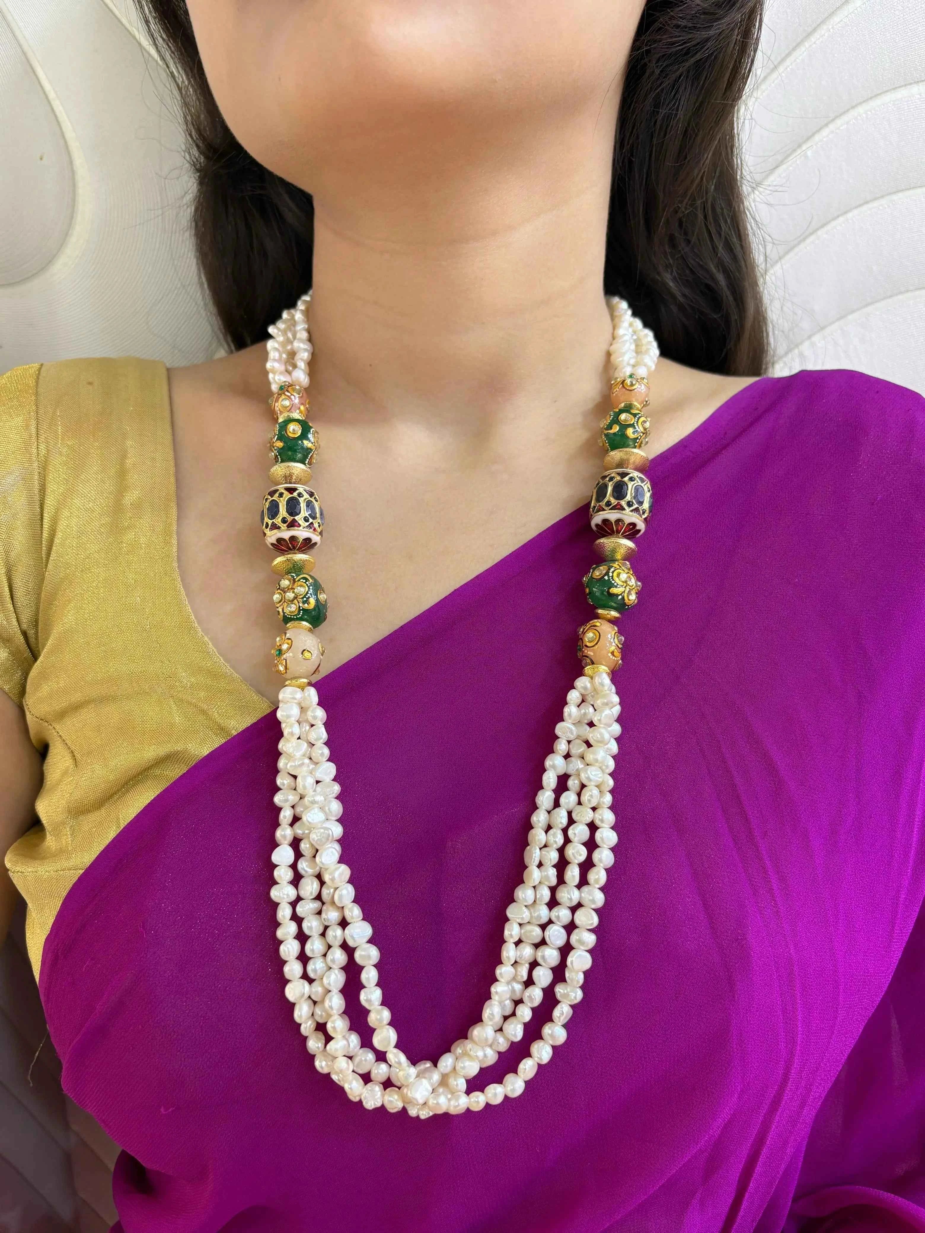 Designer Handcrafted Long Real Rice Pearl Beads Necklace For Women By Gehna Shop