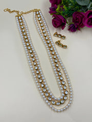 Unisex Freshwater Layered Natural Pearls And Kundan Beaded Necklace Set - Saree And Sherwani Wear
