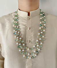 Triple Layered Shell Pearls And Fluorite Unisex Beaded Necklace - Gemstone Beads Necklace