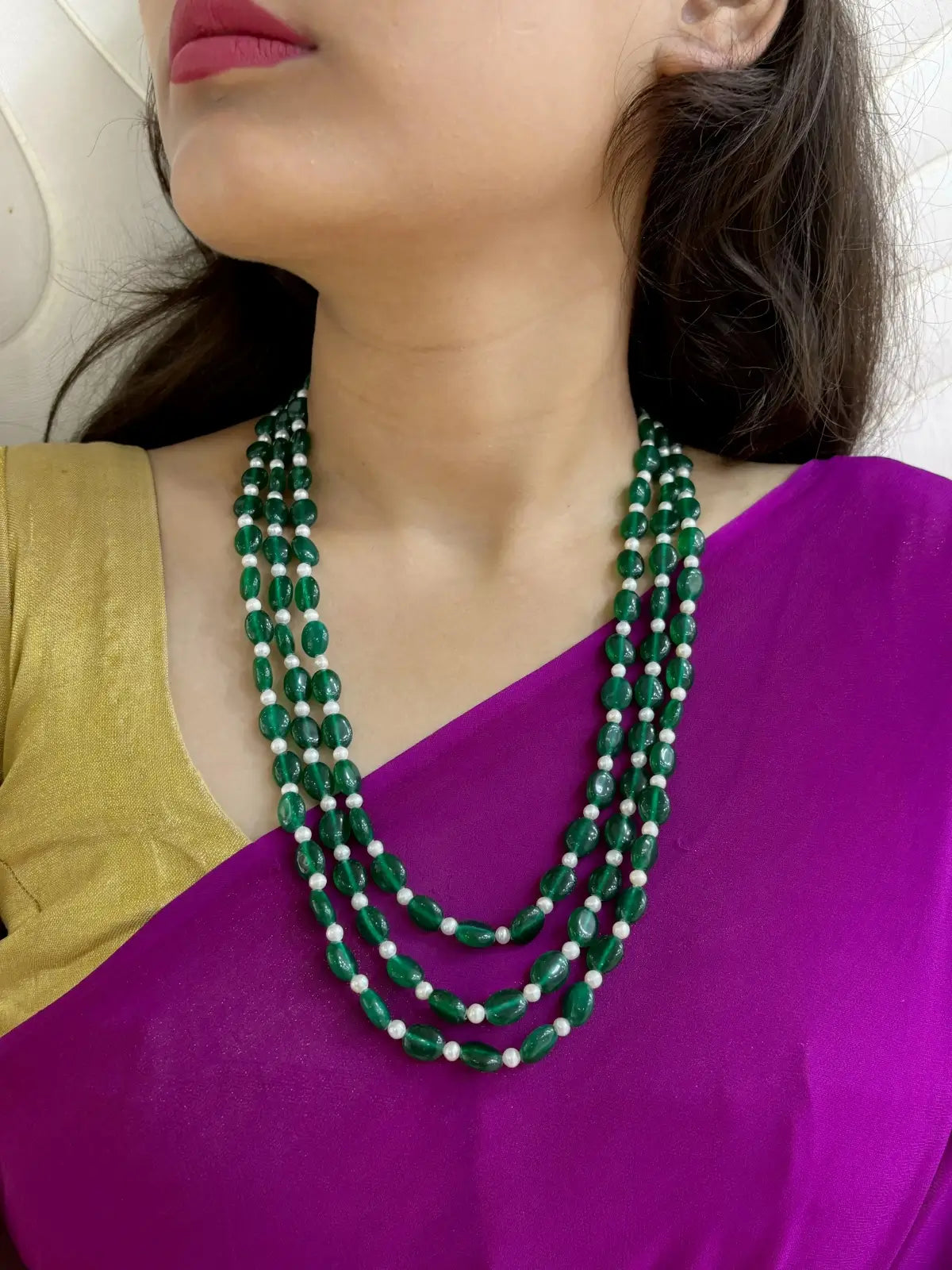 Original Pearls And Green Jade Beads Necklace - Perfect For Saree And Sherwani Wear