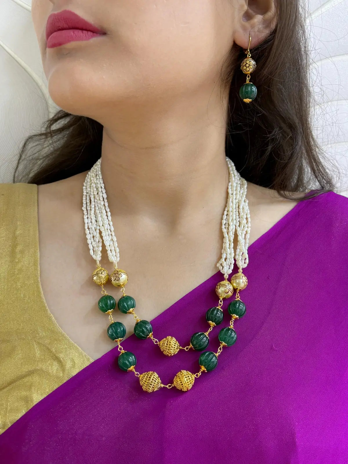 Semi Precious Green Pumpkin Beads And Natural Freshwater Pearls Beaded Necklace Set For Women