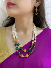Semi Precious Green Pumpkin Beads And Natural Freshwater Pearls Beaded Necklace Set For Women