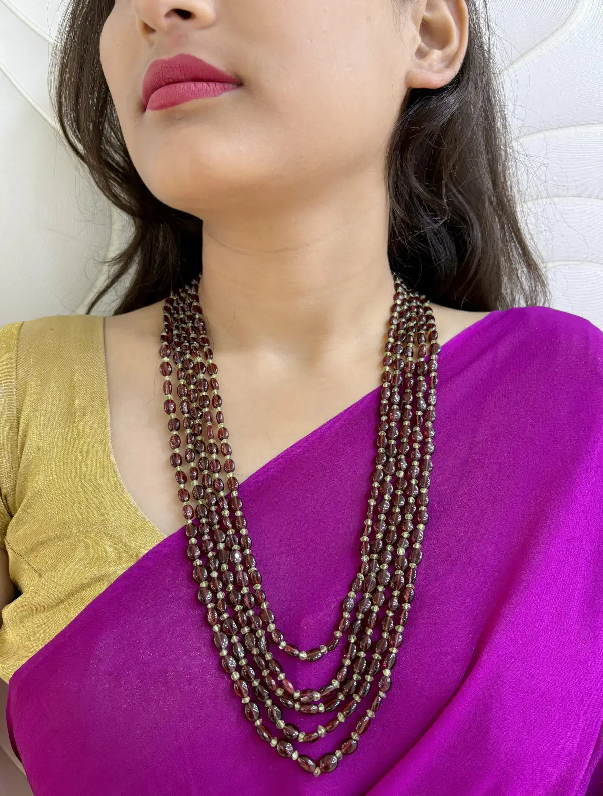 Multi Layered Semi Precious Gemstone Garnet Beads Necklace - Elegant Beaded Jewelry