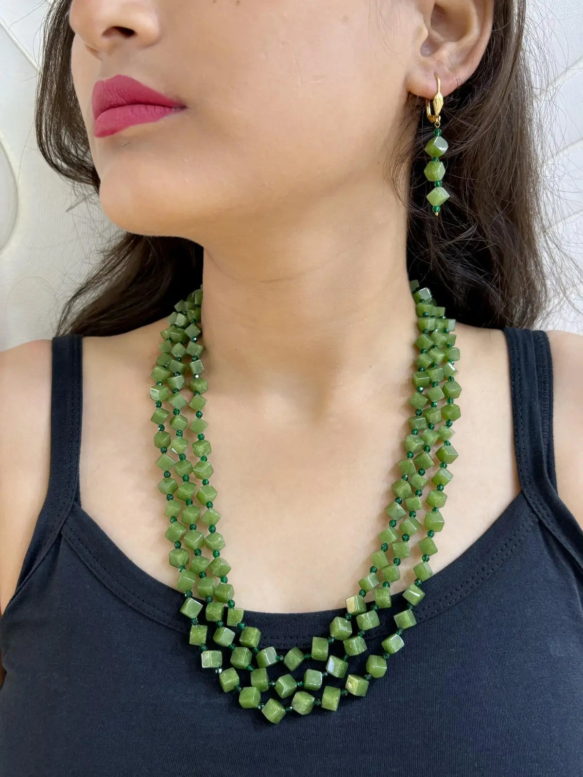 Elegant Triple Layered Green Beaded Necklace Set For Women - Perfect Saree Wear