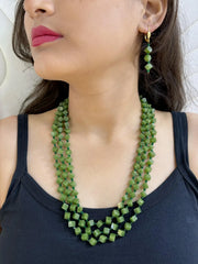Elegant Triple Layered Green Beaded Necklace Set For Women - Perfect Saree Wear
