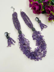 Designer Semi Precious Amethyst Teardrops Beaded Necklace Set For Women - Purple Beaded Jewelry