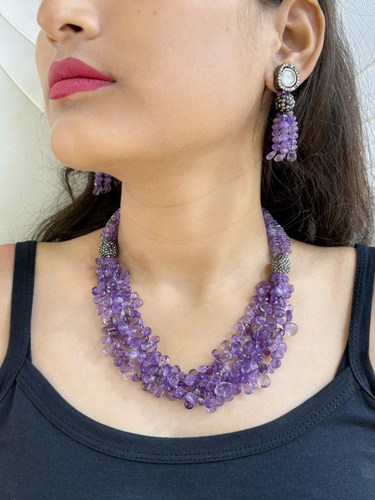 Designer Semi Precious Amethyst Teardrops Beaded Necklace Set For Women - Purple Beaded Jewelry