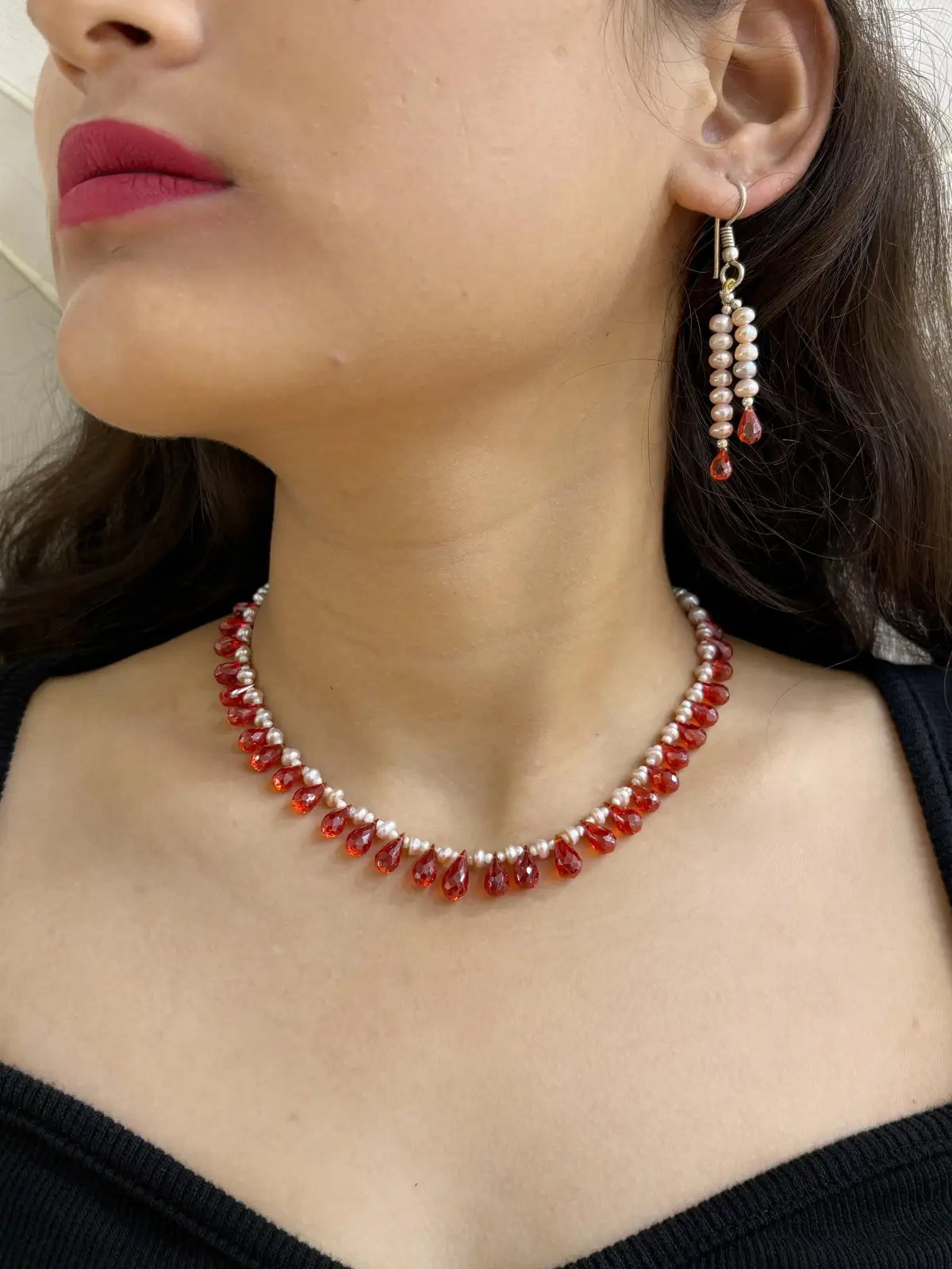 Exquisite Real Rose Pink Freshwater Pearls With Carnelian Teardrops Beads Necklace For WomenExquisite Real Rose Pink Freshwater Pearls With Carnelian Teardrops Beads Necklace For Women