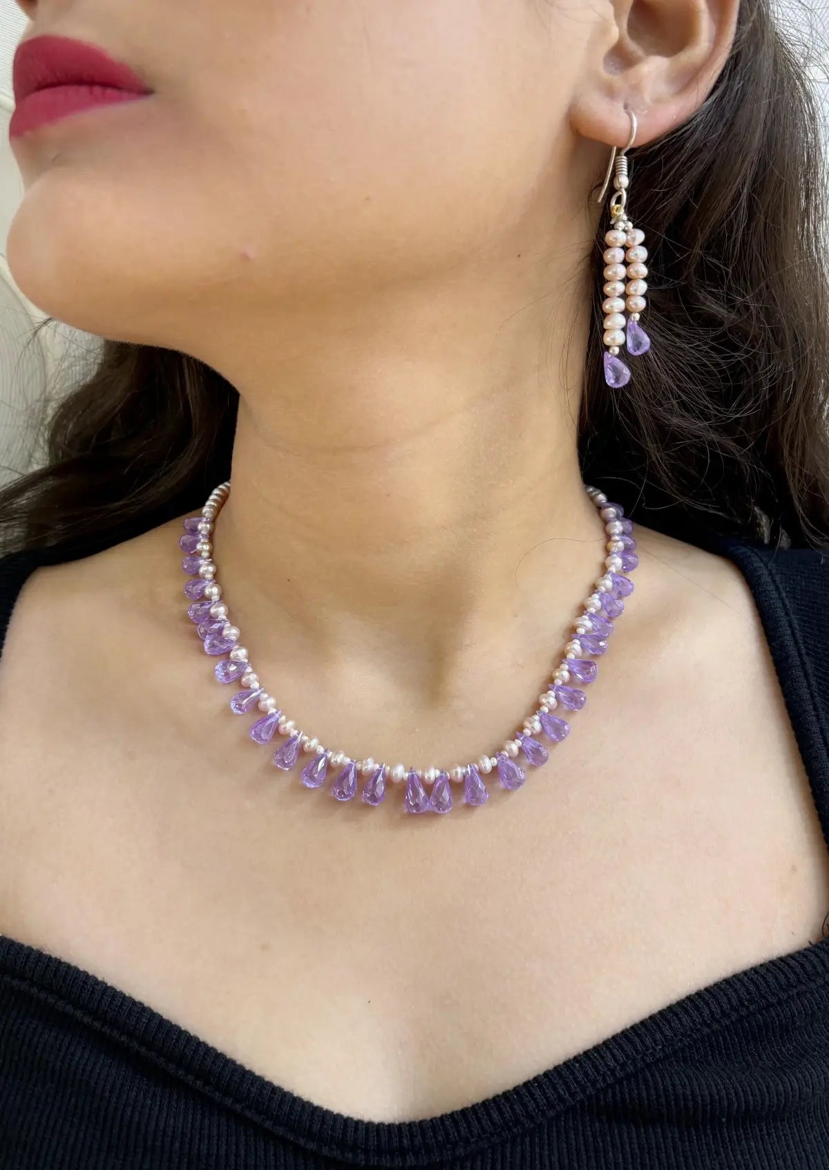 Beautiful Rose Pink Freshwater Pearls With CZ Purple Stone Teardrops Beads Necklace For Women