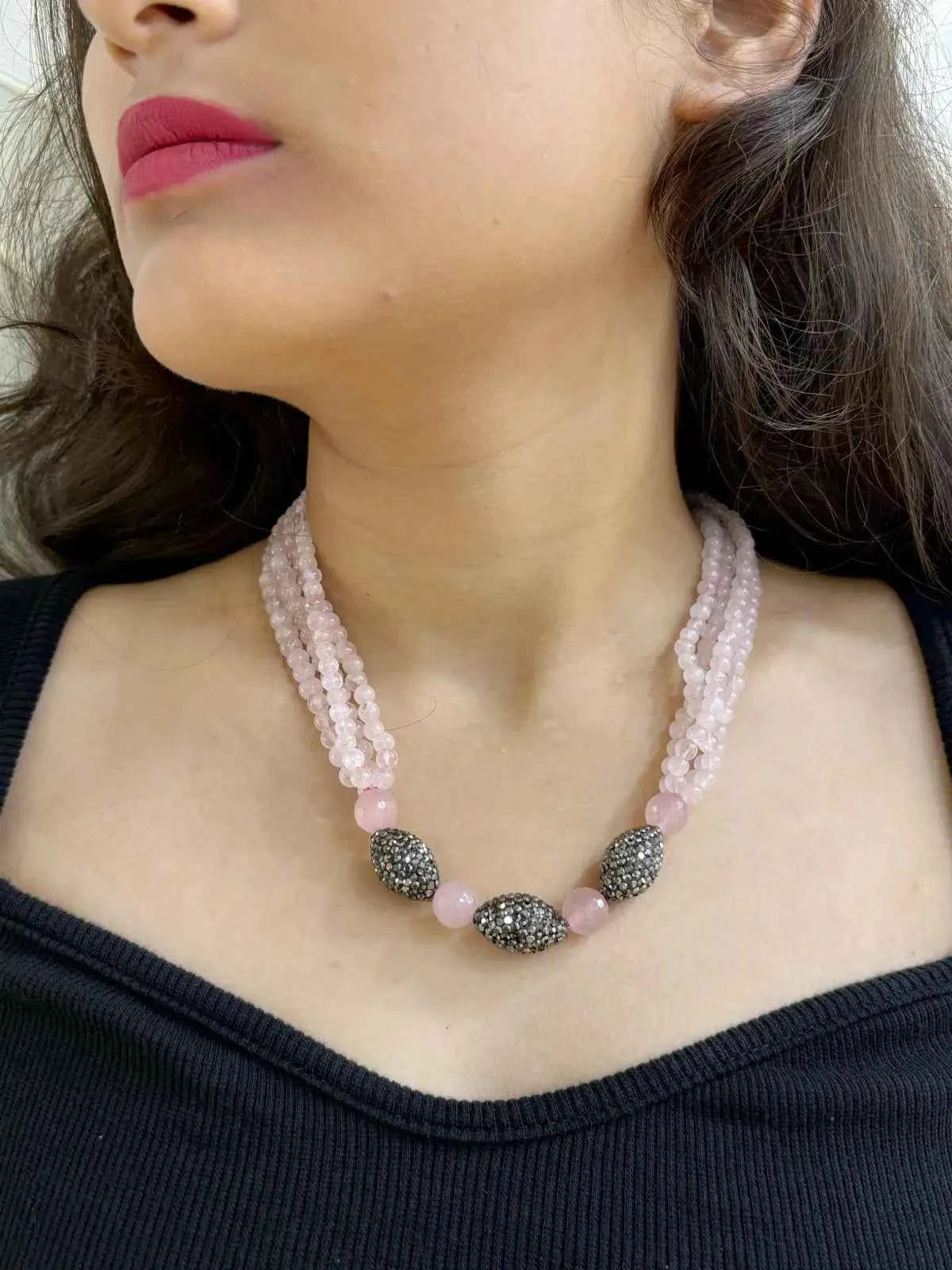 Designer Semi Precious Rose Quartz Beads Necklace Set For Women - Pink Necklace