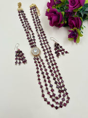 Garnet Gemstone Beads With Side Kundan Brooch Beaded Necklace Set For Women