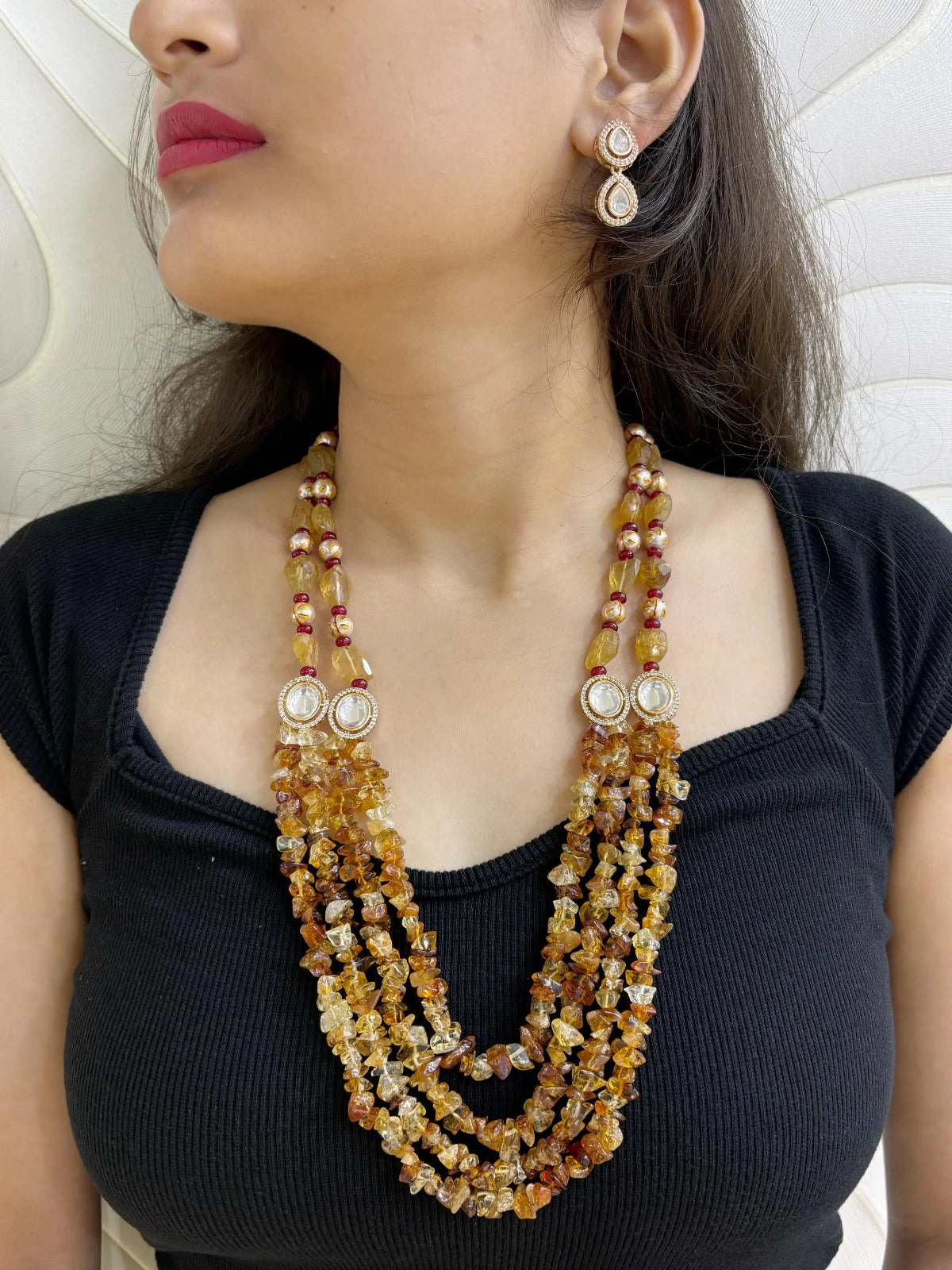 Stylish Semi Precious Gemstone Citrine Chips Beads Necklace Set For Women - Festive Gemstone Beaded Necklaces