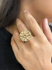Beautiful Rose Gold Finish Floral Design Kundan Polki Finger Ring For Women - Finger Ring