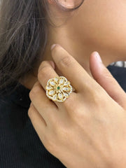 Beautiful Rose Gold Finish Floral Design Kundan Polki Finger Ring For Women - Finger Ring