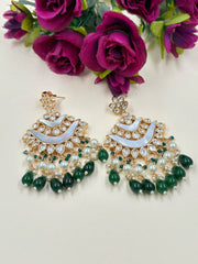 Contemporary Kundan And Mother Of Pearl Green Chandbali Earrings For Women - Wedding And Party Wear