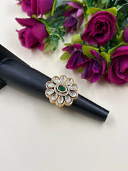 Elegant Rose Gold Plated Polki Kundan Adjustable Green Ring For Women