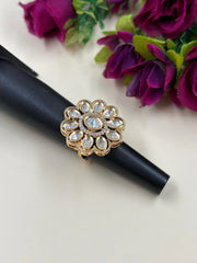 Elegant Rose Gold Plated Polki Kundan Adjustable Ring For Women