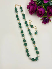Single Strand Semi Precious Gemstone Green Jade And Pearl Beaded Necklace Set For Women
