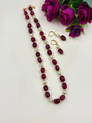 Single Strand Semi Precious Gemstone Red Jade And Pearl Beaded Necklace Set For Women