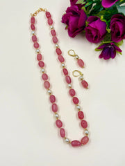 Single Strand Semi Precious Gemstone Peach Jade And Pearl Beaded Necklace Set For Women