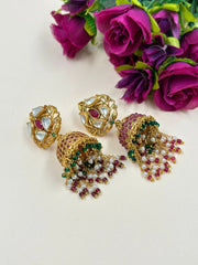 Gold Plated Traditional Golden Jhumka Earrings With Kundan - Wedding And Festive Wear Jhumkis