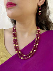 Double Layered Pink Jade Kharbuja Beads Necklace Set For Women
