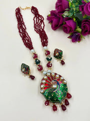 Traditional Peacock Design Necklace Set With red Meenakari